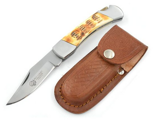 Burn Bone Handle Manual Folding Knife with Sheath (Engraving and shipping included)